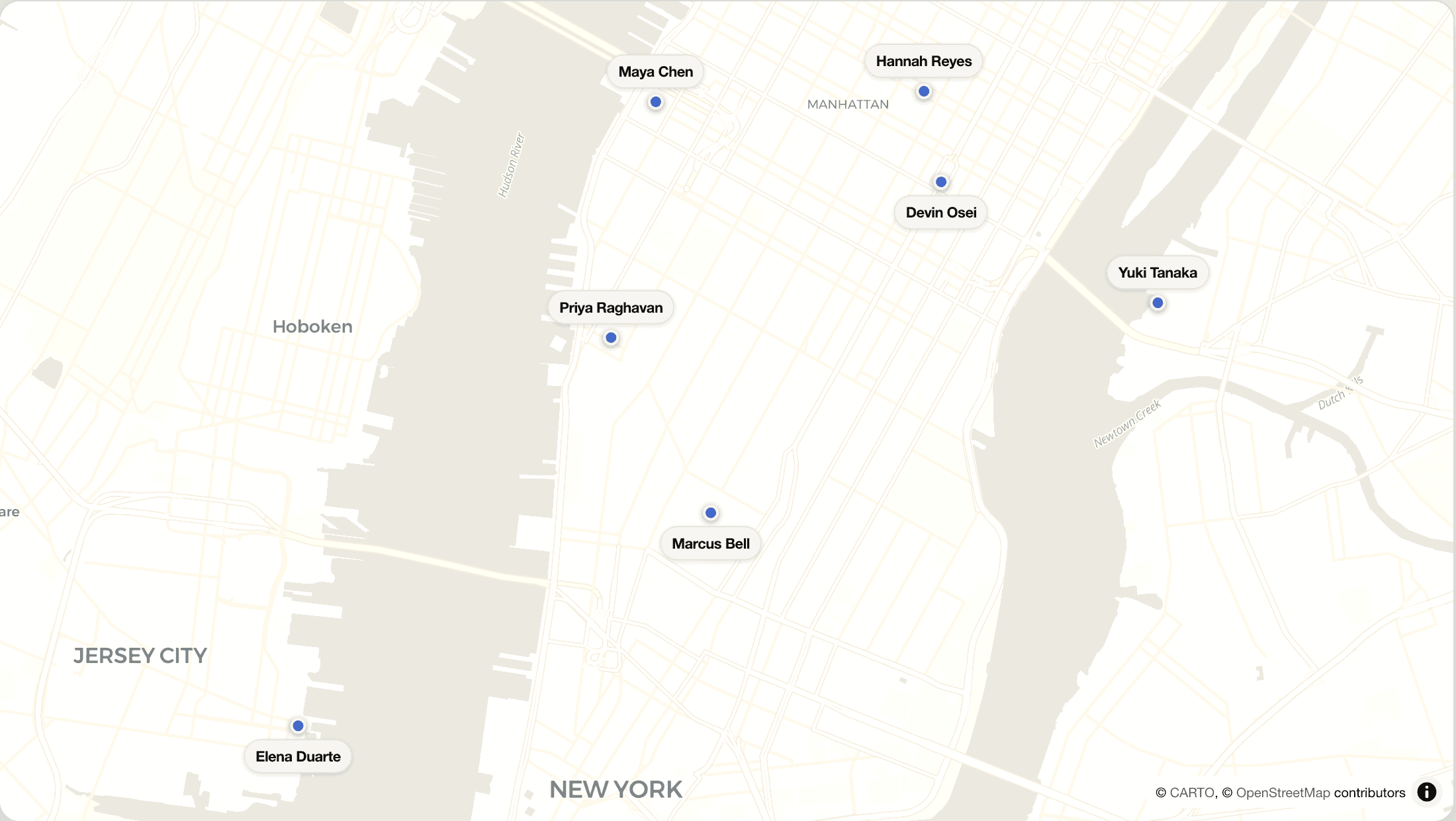 A map of New York with seven people pinned to the places they were met, including Maya Chen at the Javits Center and Elena Duarte in Jersey City